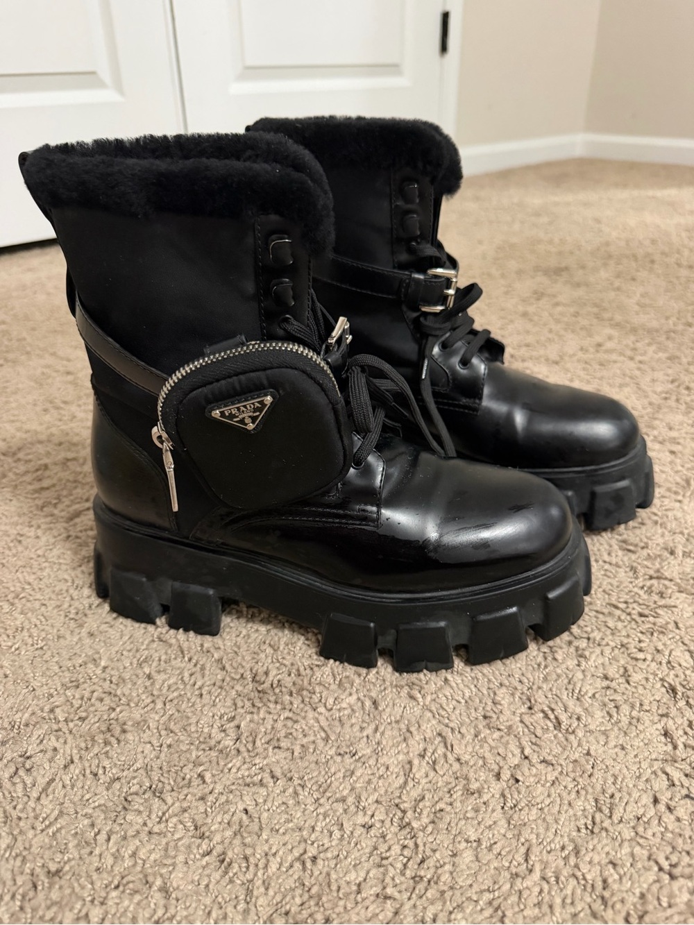 Prada Black Shearling-Lined Monolith Leather Combat Boots